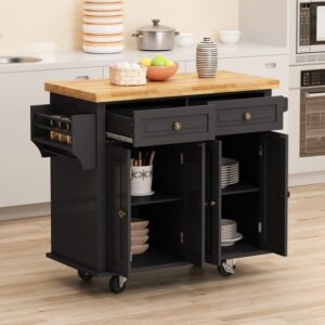 Rolling Kitchen Island Cart with Locking Wheels and Storage Cabinets