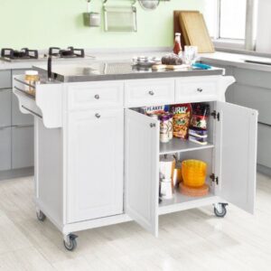 SoBuy® FKW33-W, Luxury Kitchen Trolley with Large Storage Cabinet, Kitchen Island with Stainless Steel Worktop, White