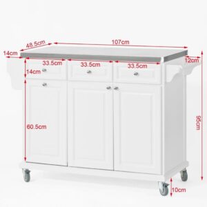 SoBuy® FKW33-W, Luxury Kitchen Trolley with Large Storage Cabinet, Kitchen Island with Stainless Steel Worktop, White